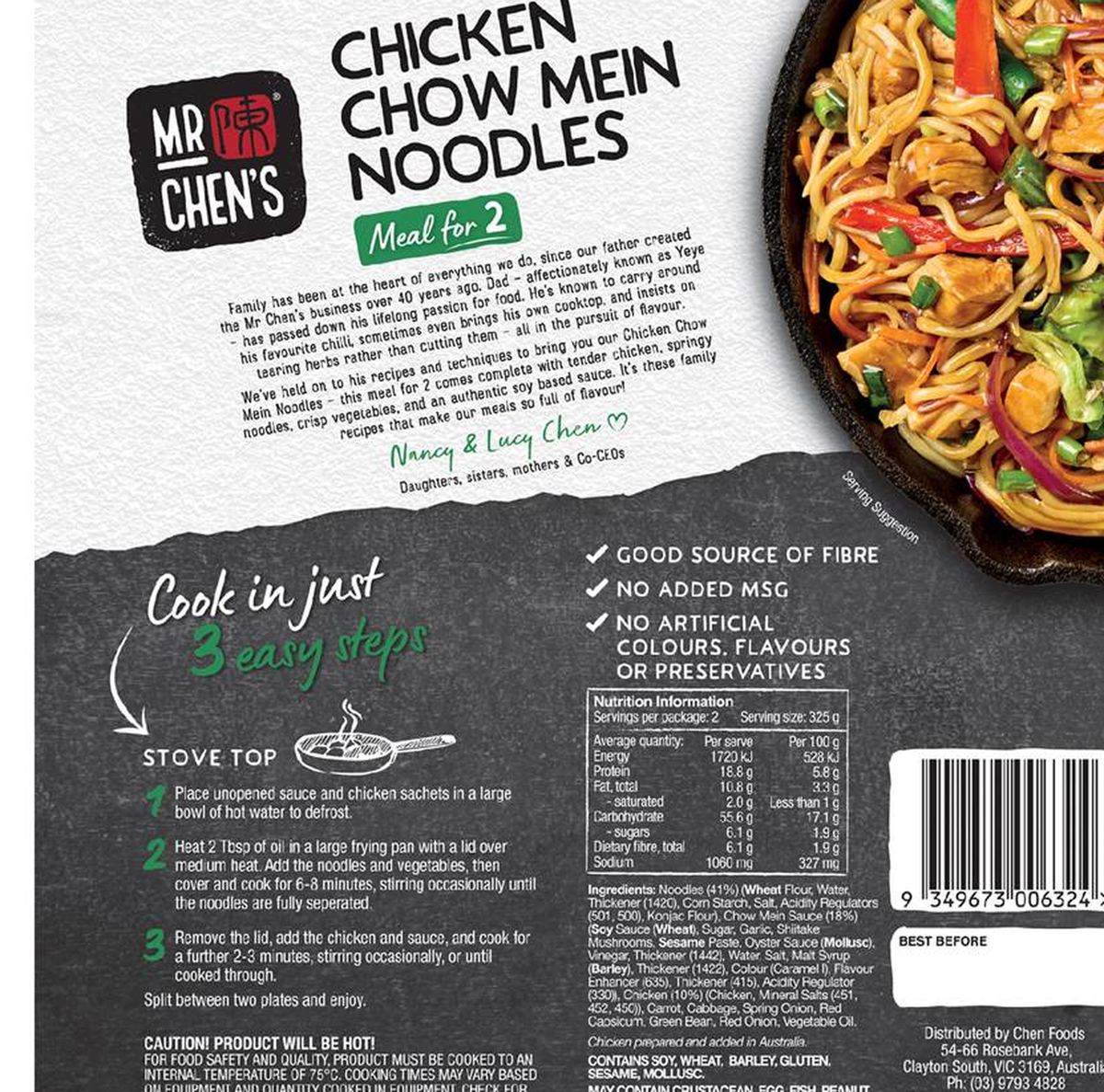 Pack photograph of Mr Chen's Chicken Chow Mein Noodles 650g showing the printed nutrition panel