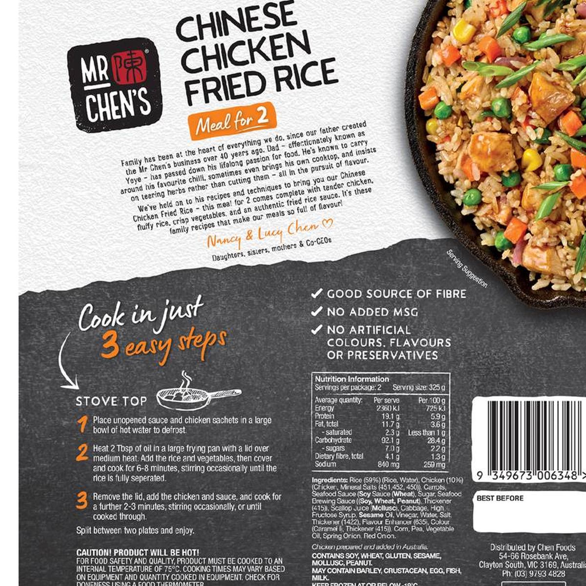 Pack photograph of Mr Chen's Chinese Chicken Fried Rice 650g showing the printed nutrition panel