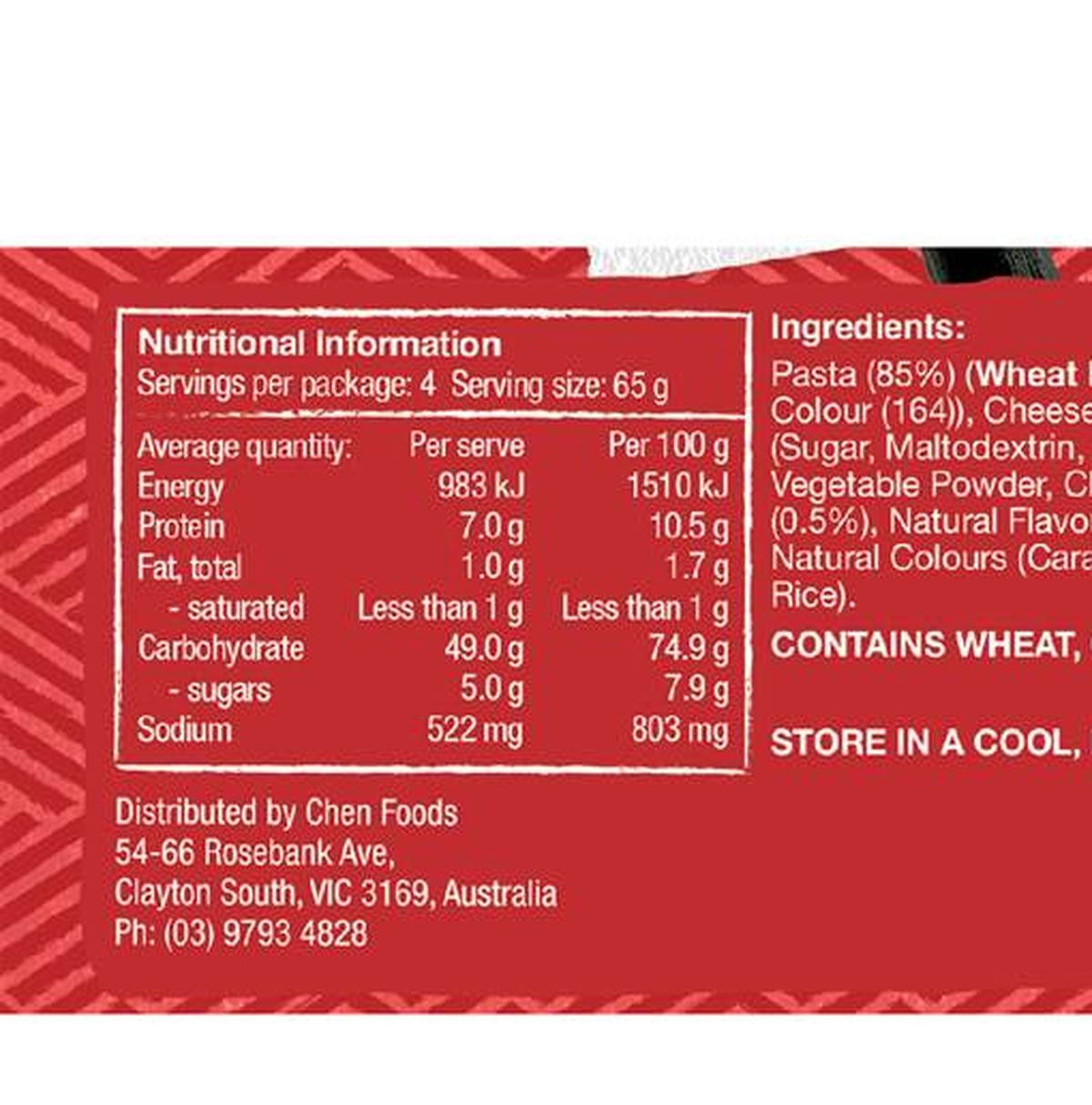 Pack photograph of Mr Chen's Mac & Cheese Korean Gochujang 260g showing the printed nutrition panel
