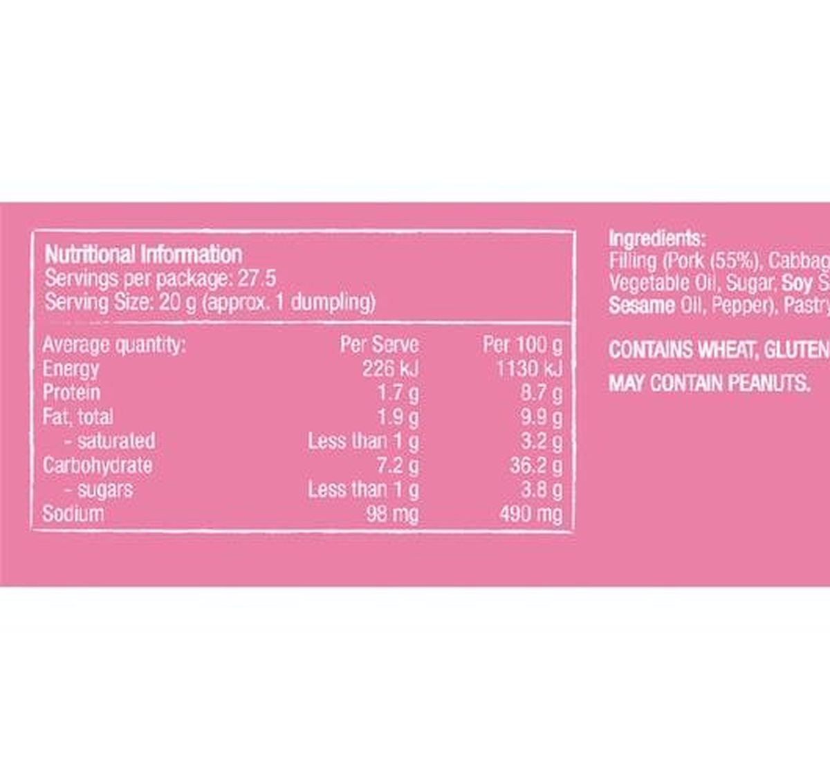 Pack photograph of Mr Chen's Pork & Prawn Dumplings 550g showing the printed nutrition panel