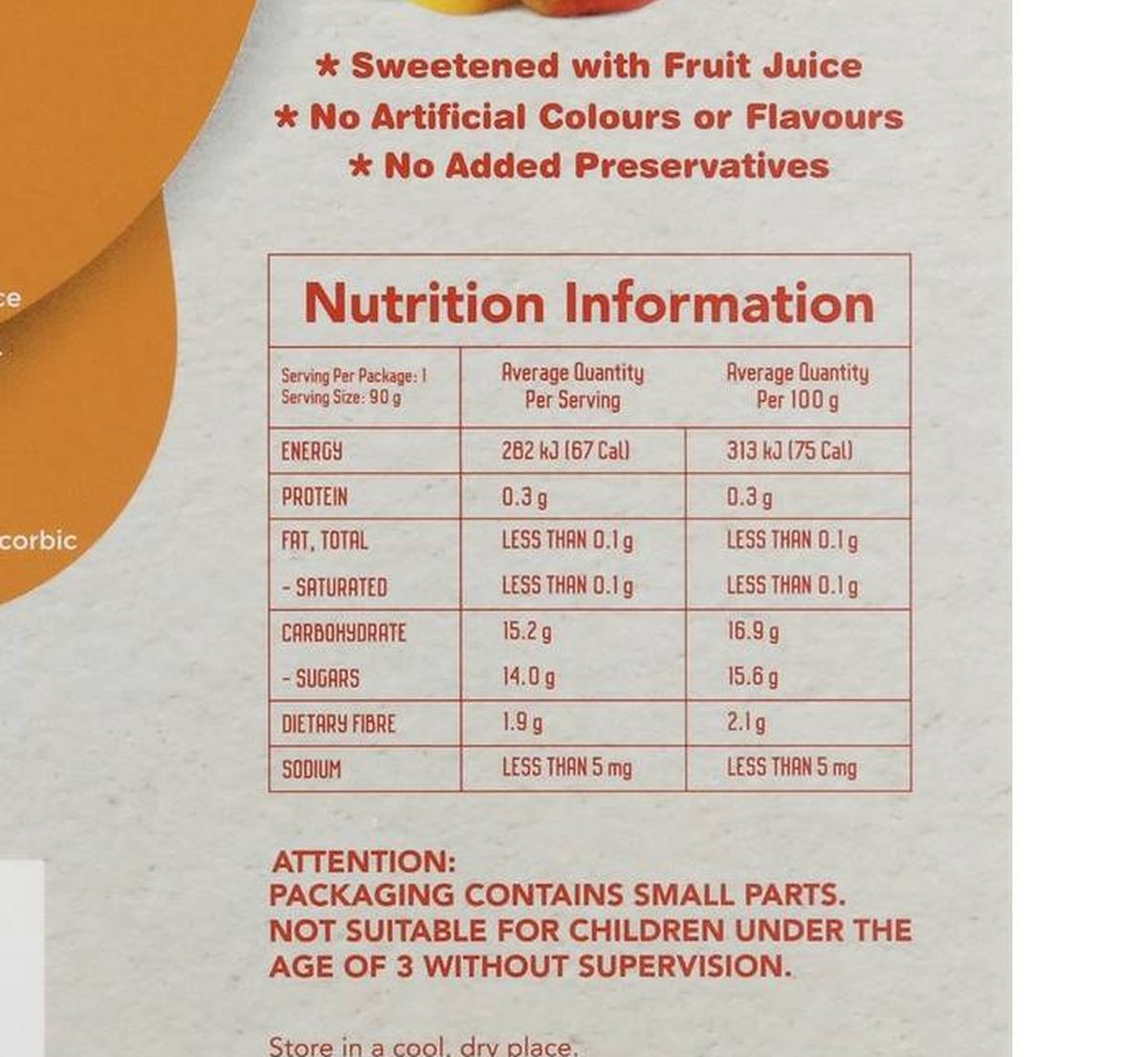 Pack photograph of Snacktacular Fruit Pouch Apple & Mango Puree 90g x 5 pack showing the printed nutrition panel