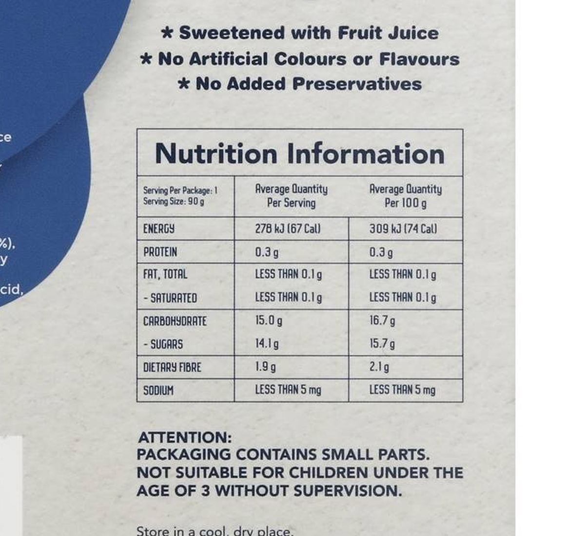 Pack photograph of Snacktacular Fruit Pouch Apple Raspberry & Blueberry Puree 90g x 5 pack showing the printed nutrition panel