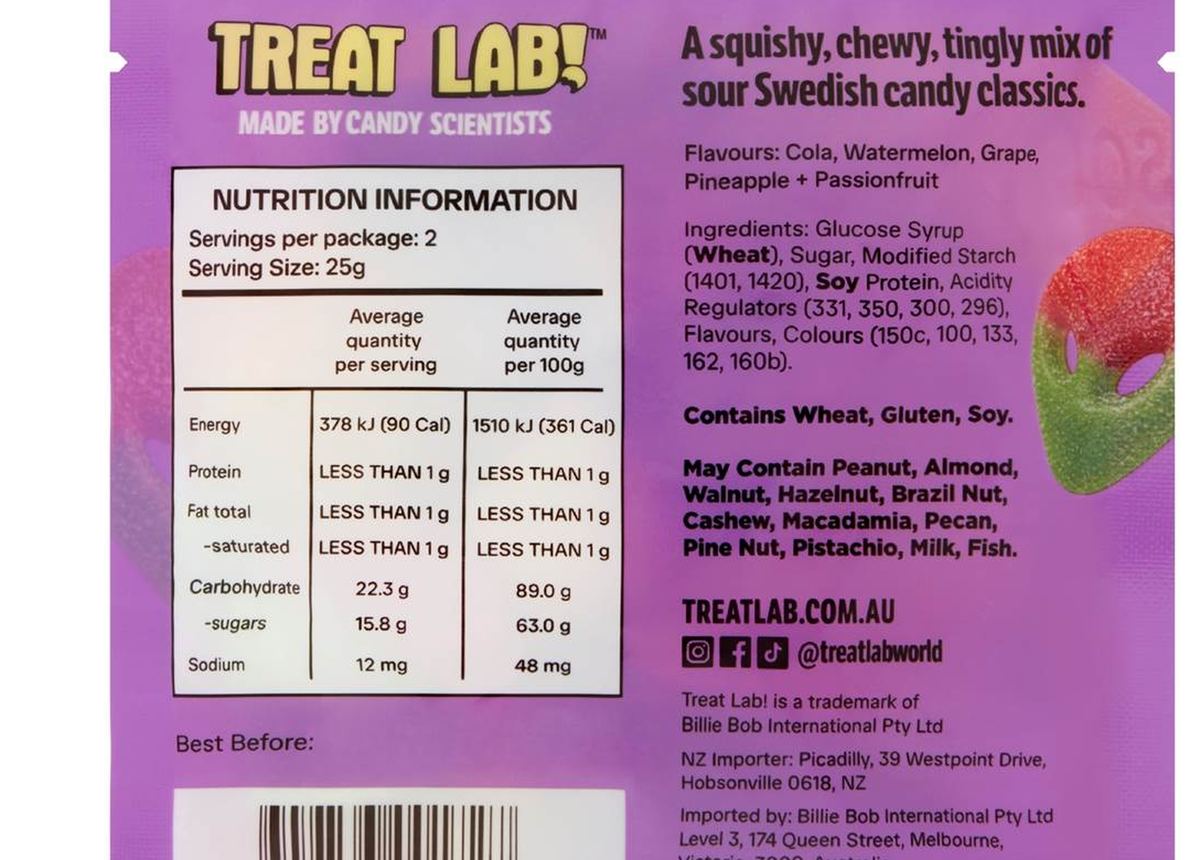 Pack photograph of Treat Lab Swedish Candy Jumble Sour 50g showing the printed nutrition panel