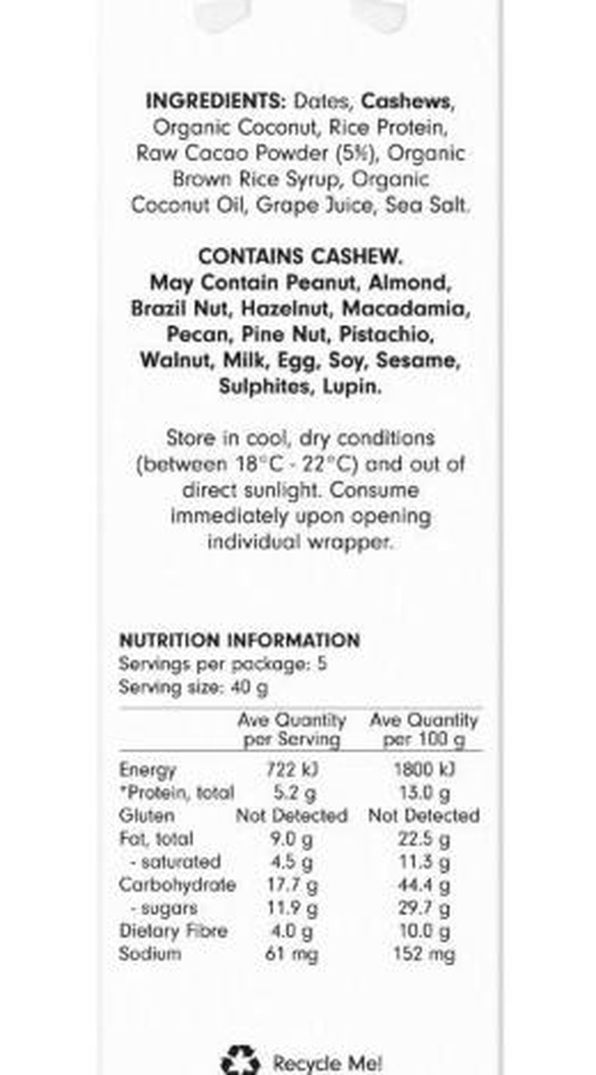 Pack photograph of Health Lab 5 Protein Balls Original Chocolate Brownie 200g showing the printed nutrition panel
