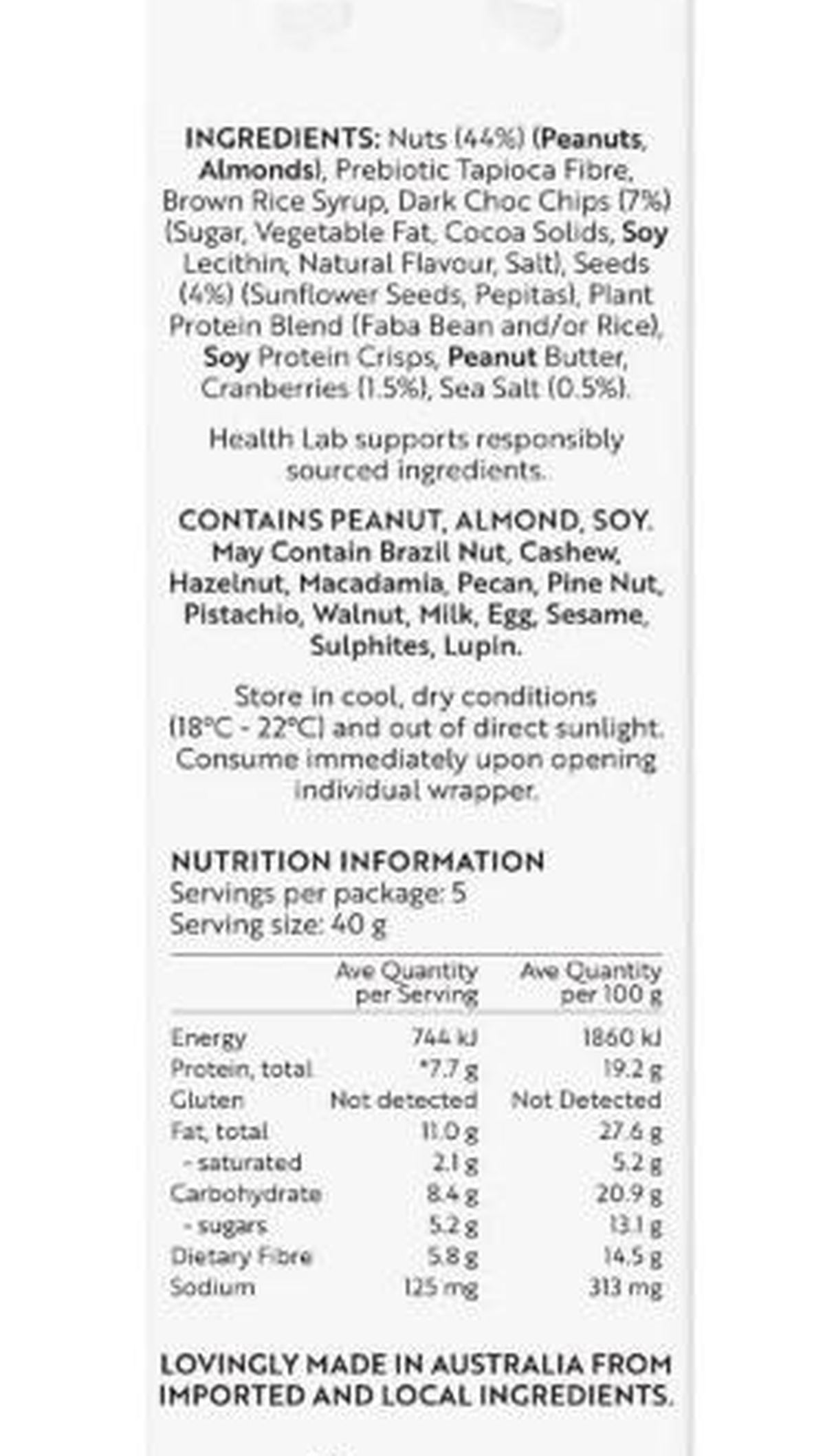 Pack photograph of Health Lab Dark Chocolate Cranberry Protein Balls 5x40g showing the printed nutrition panel
