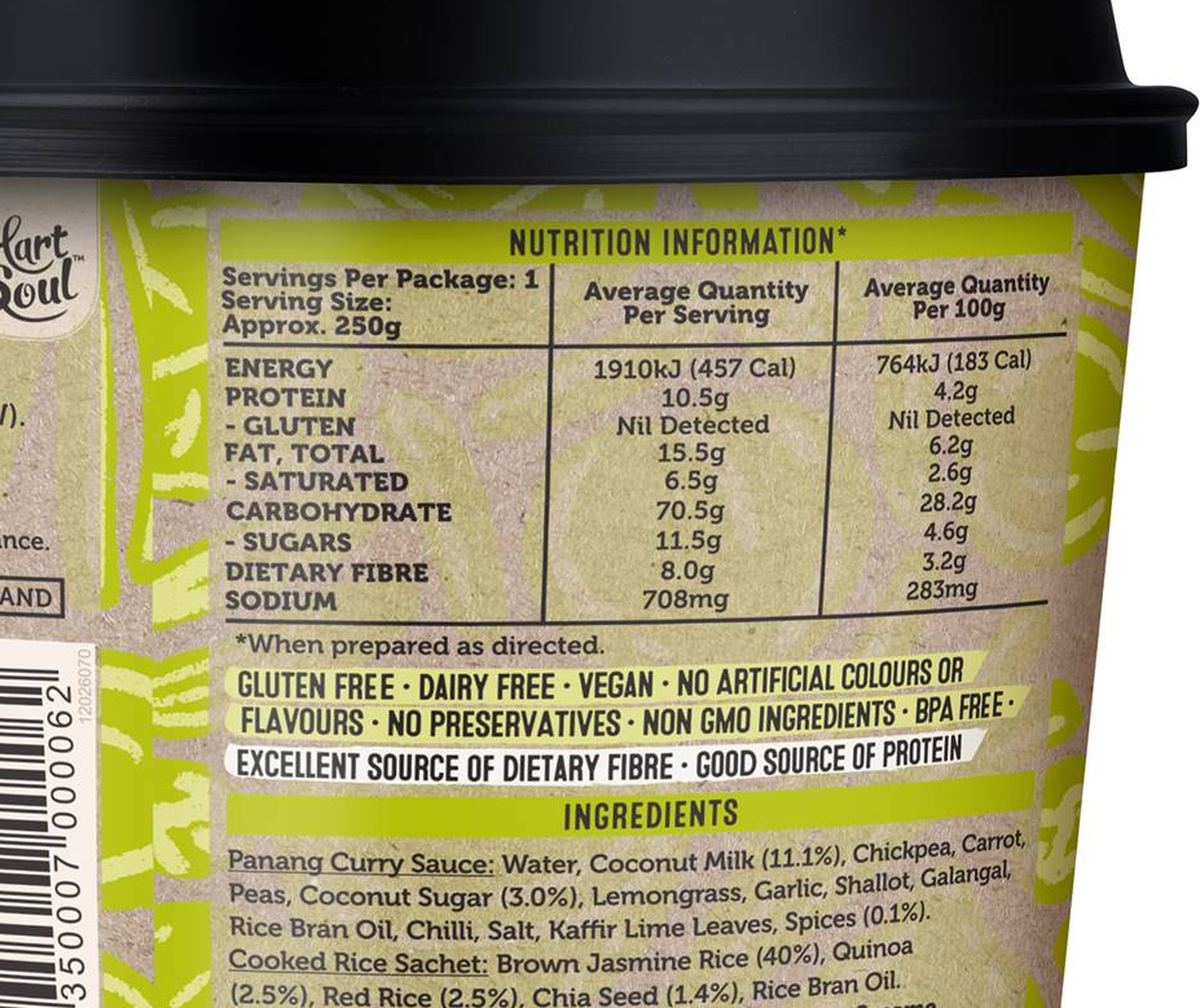 Pack photograph of Hart & Soul Panang Curry 250g showing the printed nutrition panel