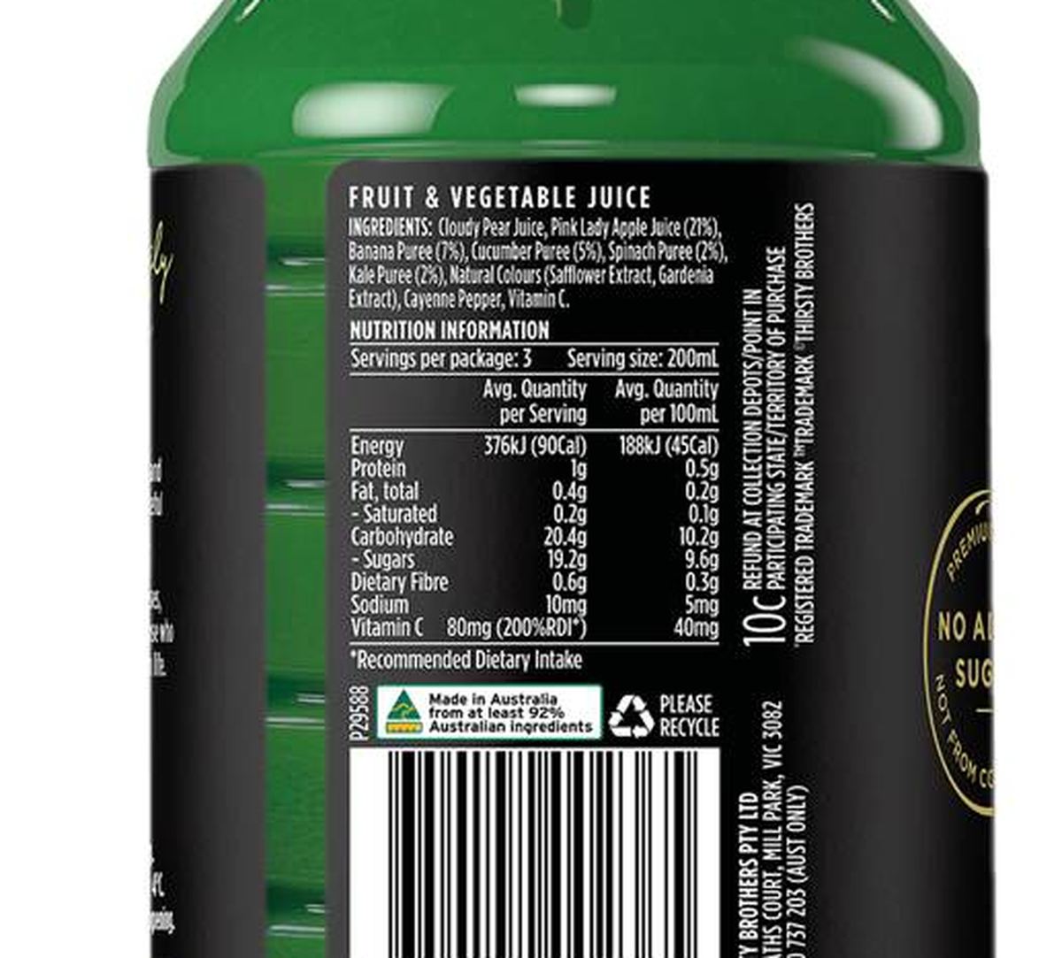 Pack photograph of Original Juice Co. Goodness Green 600mL showing the printed nutrition panel