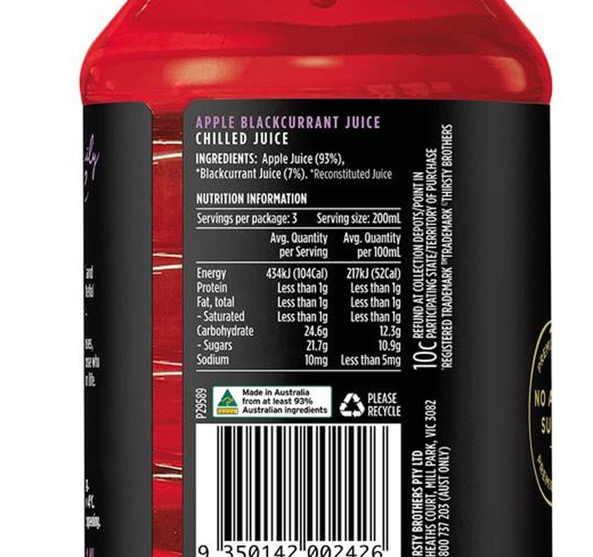 Pack photograph of Original Juice Co. Apple Blackcurrant 600mL showing the printed nutrition panel