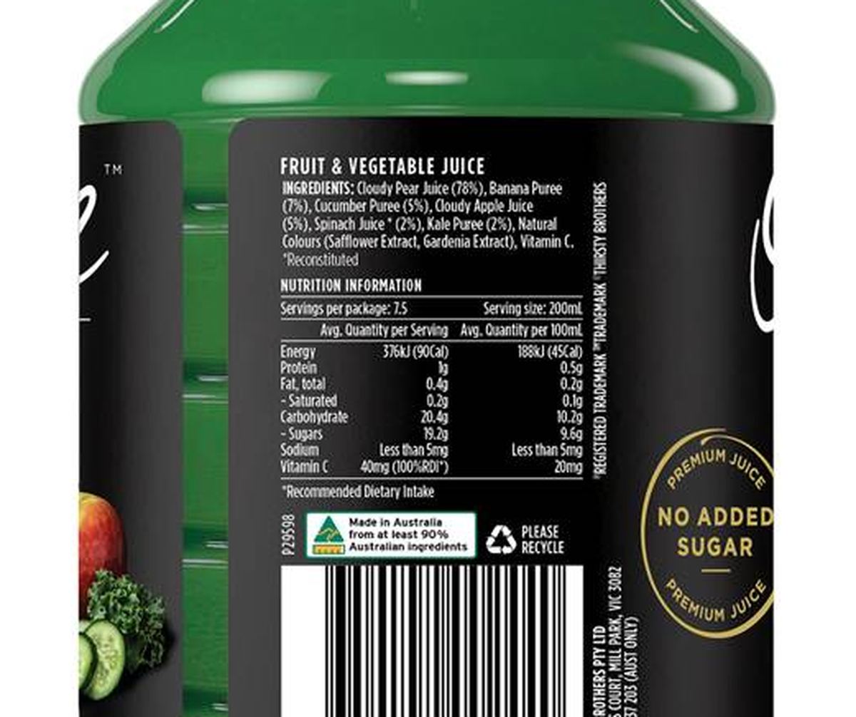 Pack photograph of Original Juice Co. Goodness Green 1.5L showing the printed nutrition panel