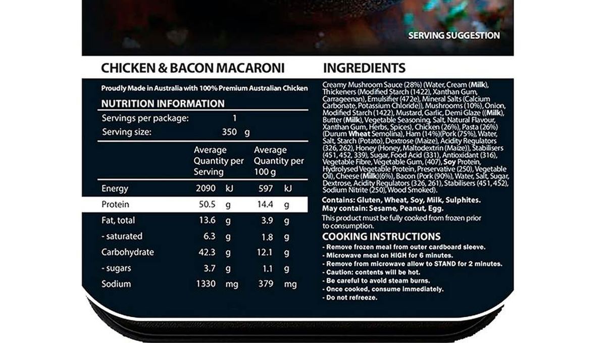 Pack photograph of CORE Powerfoods Chicken & Bacon Macaroni 350g showing the printed nutrition panel