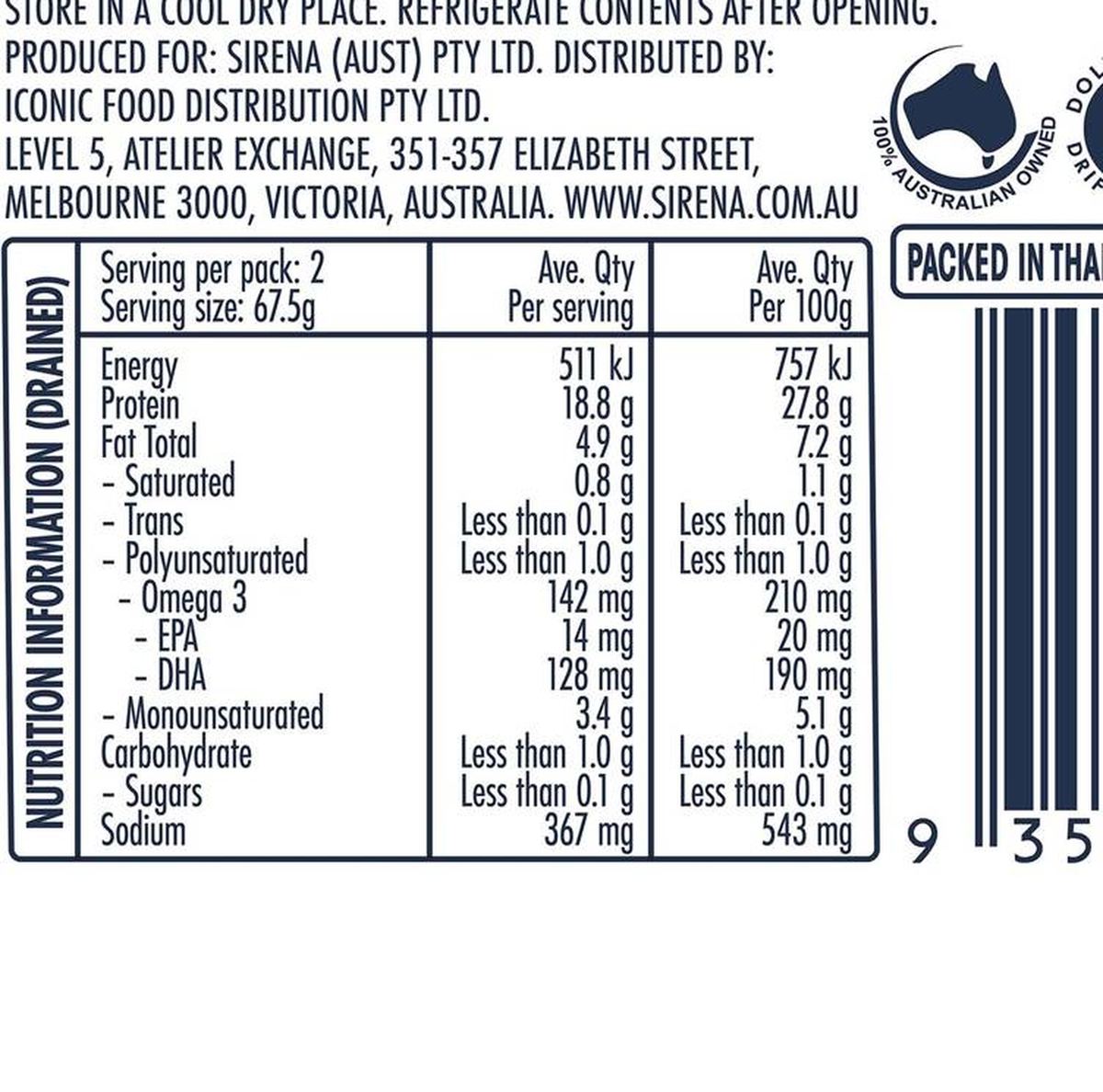 Pack photograph of Sirena Tuna Fillets In Extra Virgin Olive Oil 200g showing the printed nutrition panel