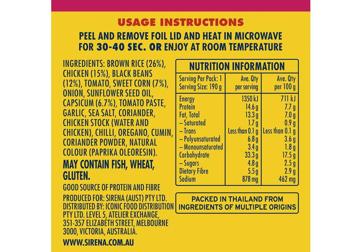 Pack photograph of Sirena Mexican Rice With Chicken 190g showing the printed nutrition panel
