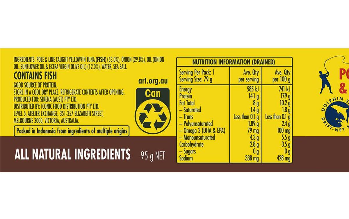 Pack photograph of Sirena Tuna Caramelised Onion 95g showing the printed nutrition panel