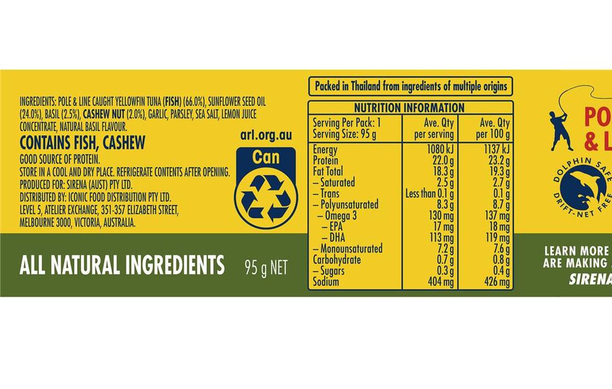 Pack photograph of Sirena Tuna Pesto 95g showing the printed nutrition panel
