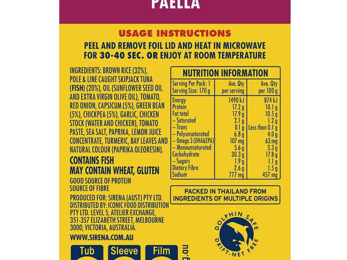 Pack photograph of Sirena Tuna Paella 170g showing the printed nutrition panel