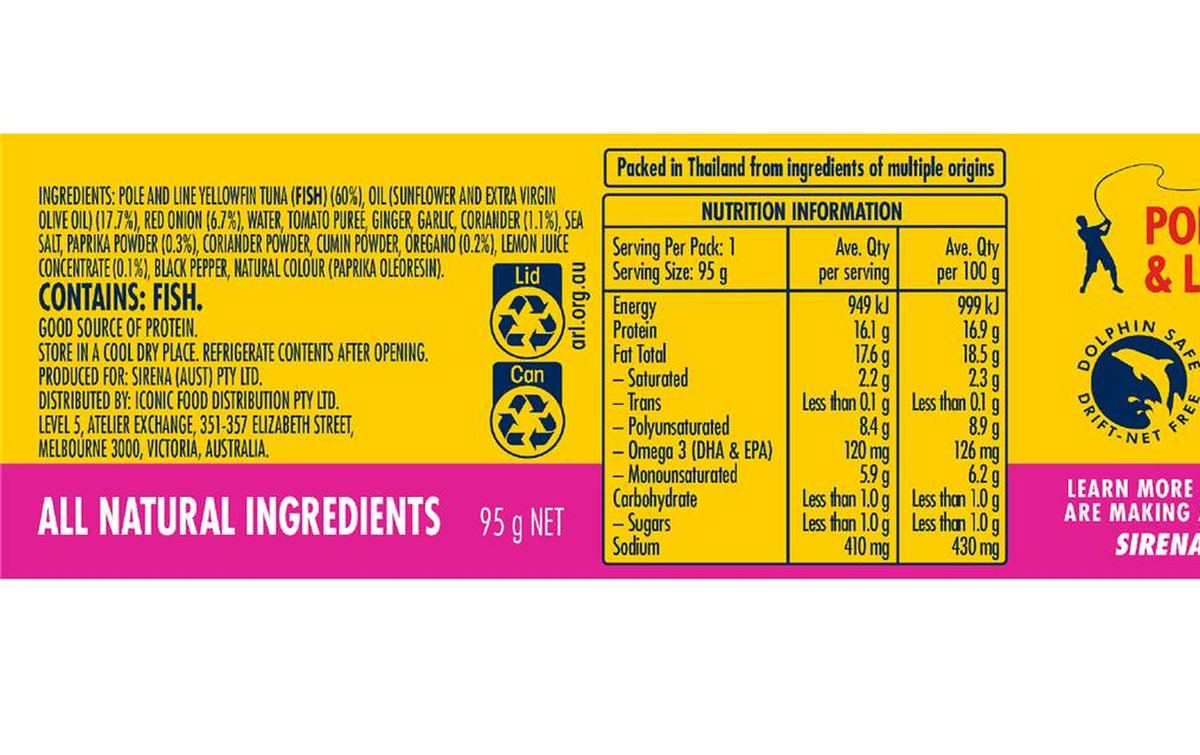 Pack photograph of Sirena Tuna Mexican 95g showing the printed nutrition panel