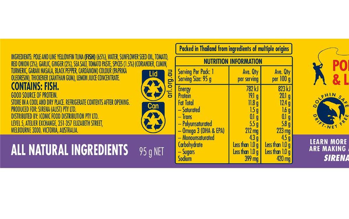 Pack photograph of Sirena Tuna Mild Indian Curry 95g showing the printed nutrition panel