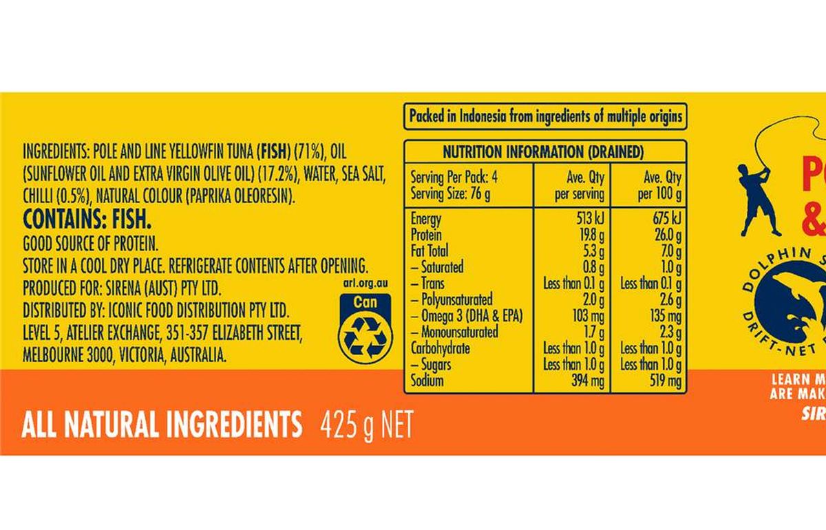 Pack photograph of Sirena Tuna In Chilli Oil 425g showing the printed nutrition panel