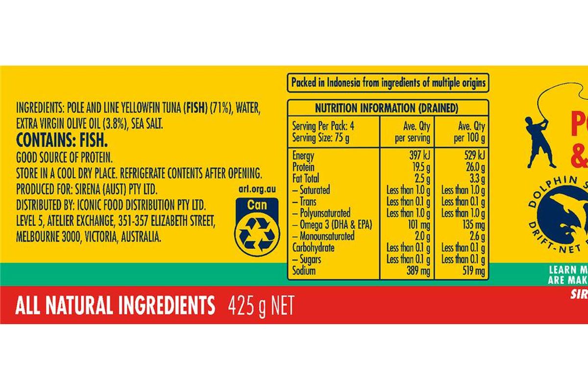 Pack photograph of Sirena Tuna In Lite Italian Style Oil 425g showing the printed nutrition panel