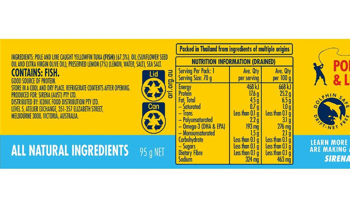 Pack photograph of Sirena Tuna Lemon Italian Style 95g showing the printed nutrition panel