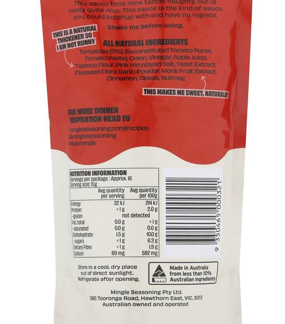 Pack photograph of Mingle Better Tangy Tomato Sauce Pouch 250g showing the printed nutrition panel