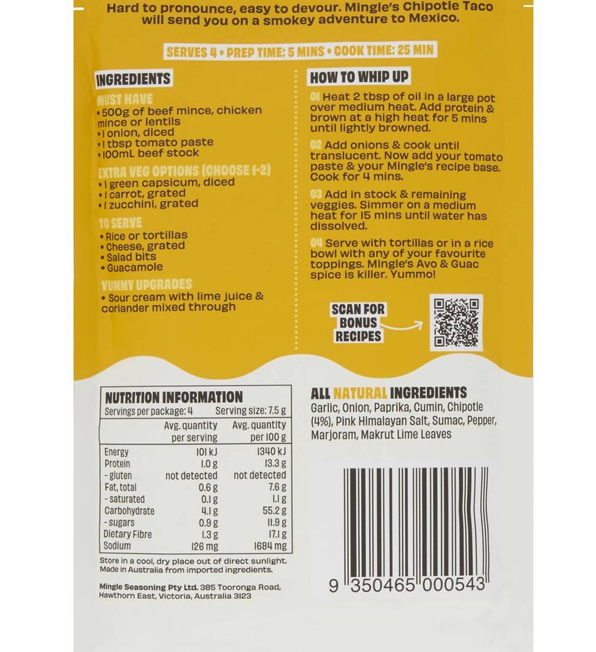 Pack photograph of Mingle Smokey Taco Mild Chipotle Recipe Base 30g showing the printed nutrition panel