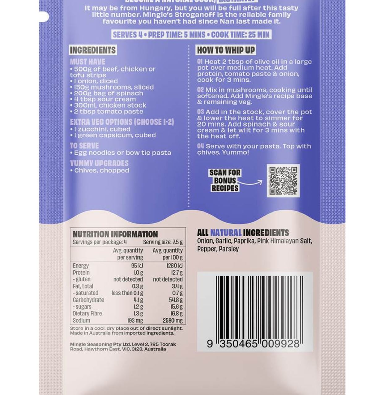 Pack photograph of Mingle Hearty Stroganoff Spice Blend 30g showing the printed nutrition panel
