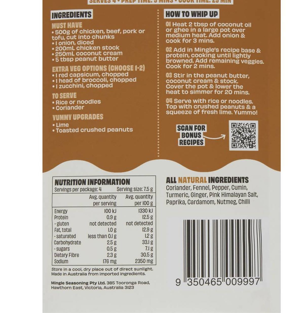 Pack photograph of Mingle Satay Recipe Base Recipe Base 30g showing the printed nutrition panel