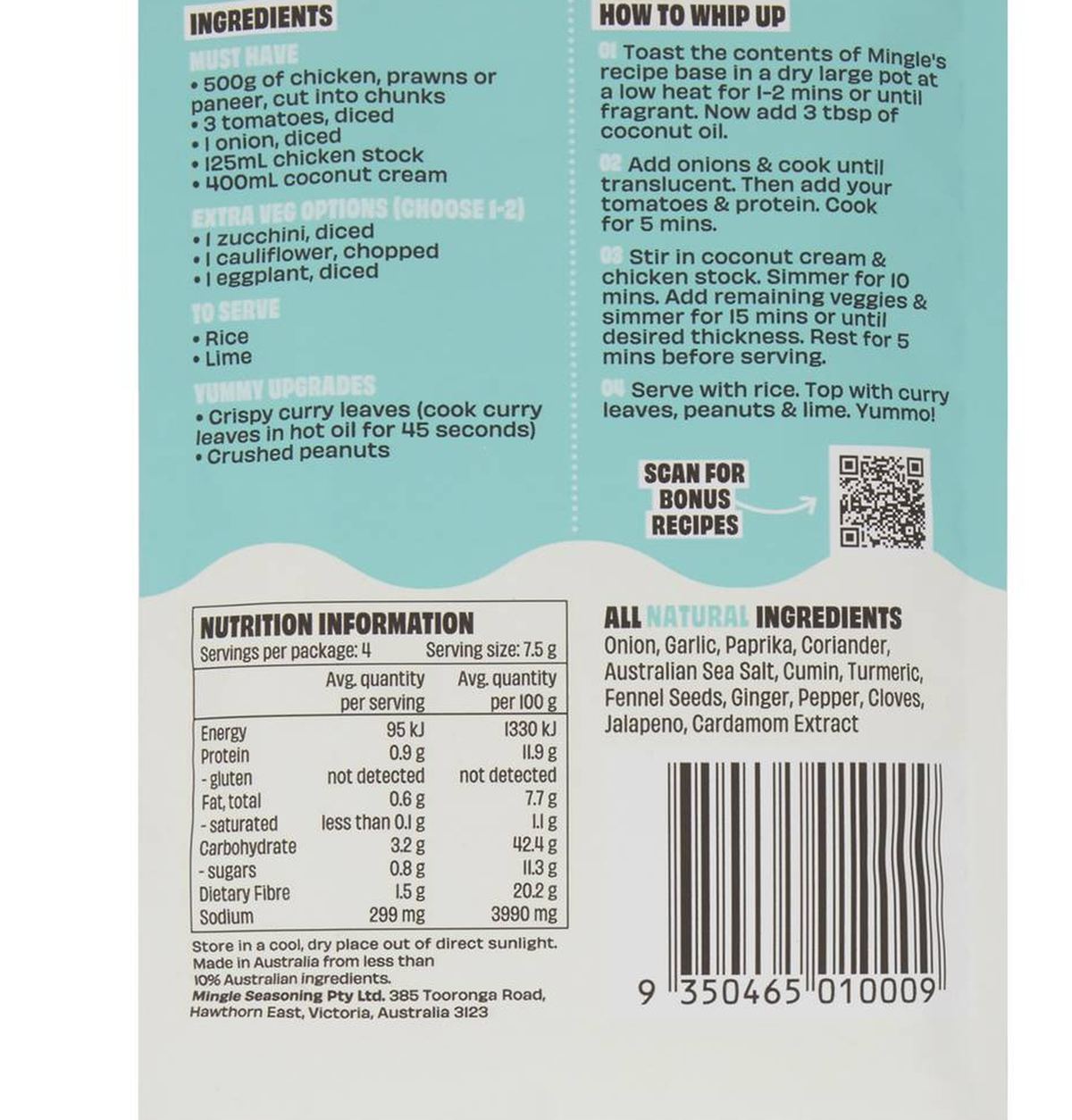 Pack photograph of Mingle Sri Lankan Coconut Turmeric Curry Recipe Base 30g showing the printed nutrition panel