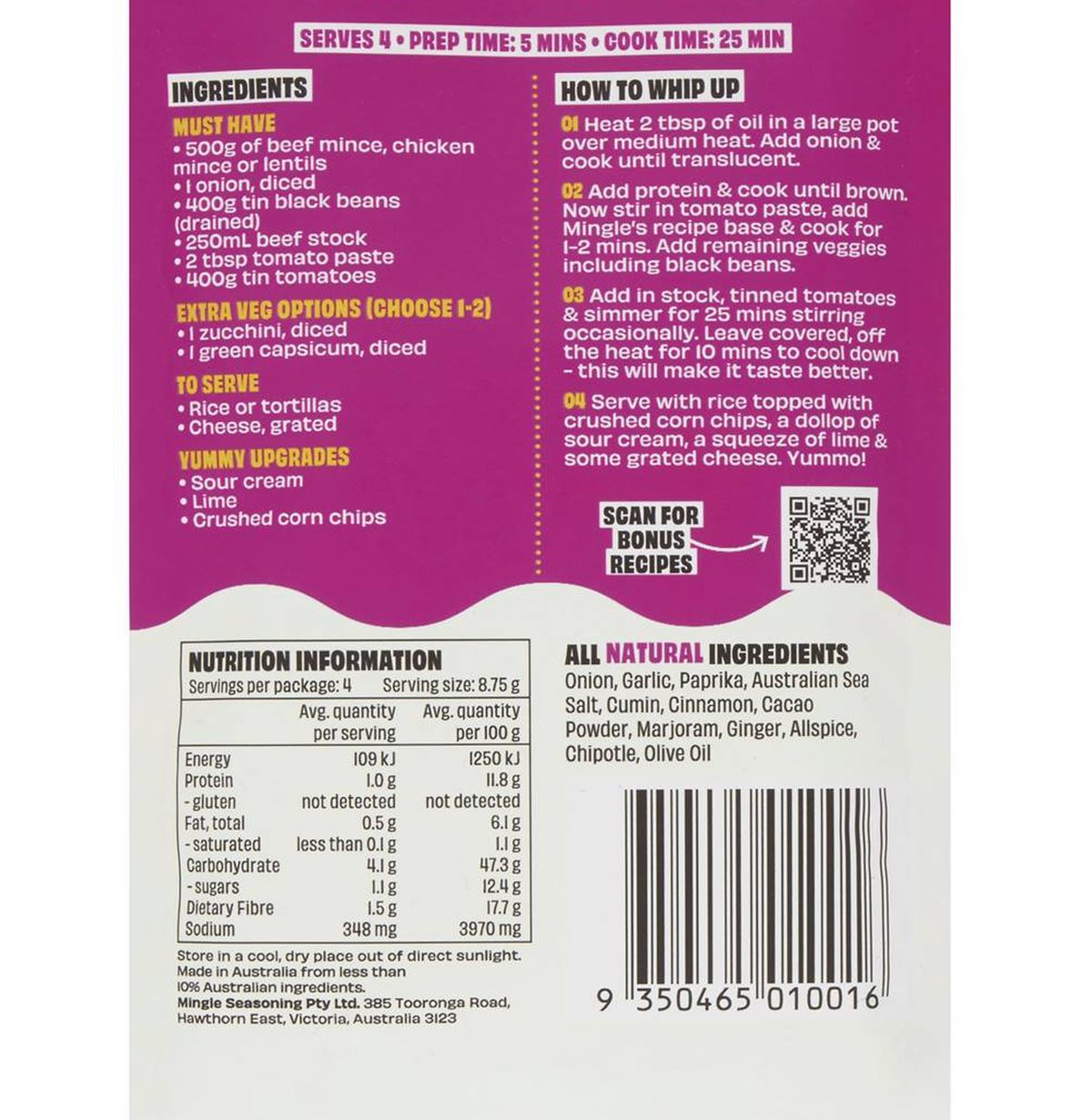 Pack photograph of Mingle Crave This Chilli Con Carne Recipe Base 35g showing the printed nutrition panel