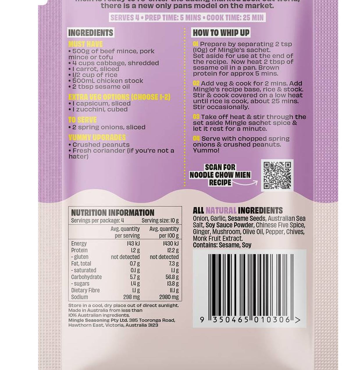 Pack photograph of Mingle Sweet & Savoury Chow Mein Recipe Base 40g showing the printed nutrition panel