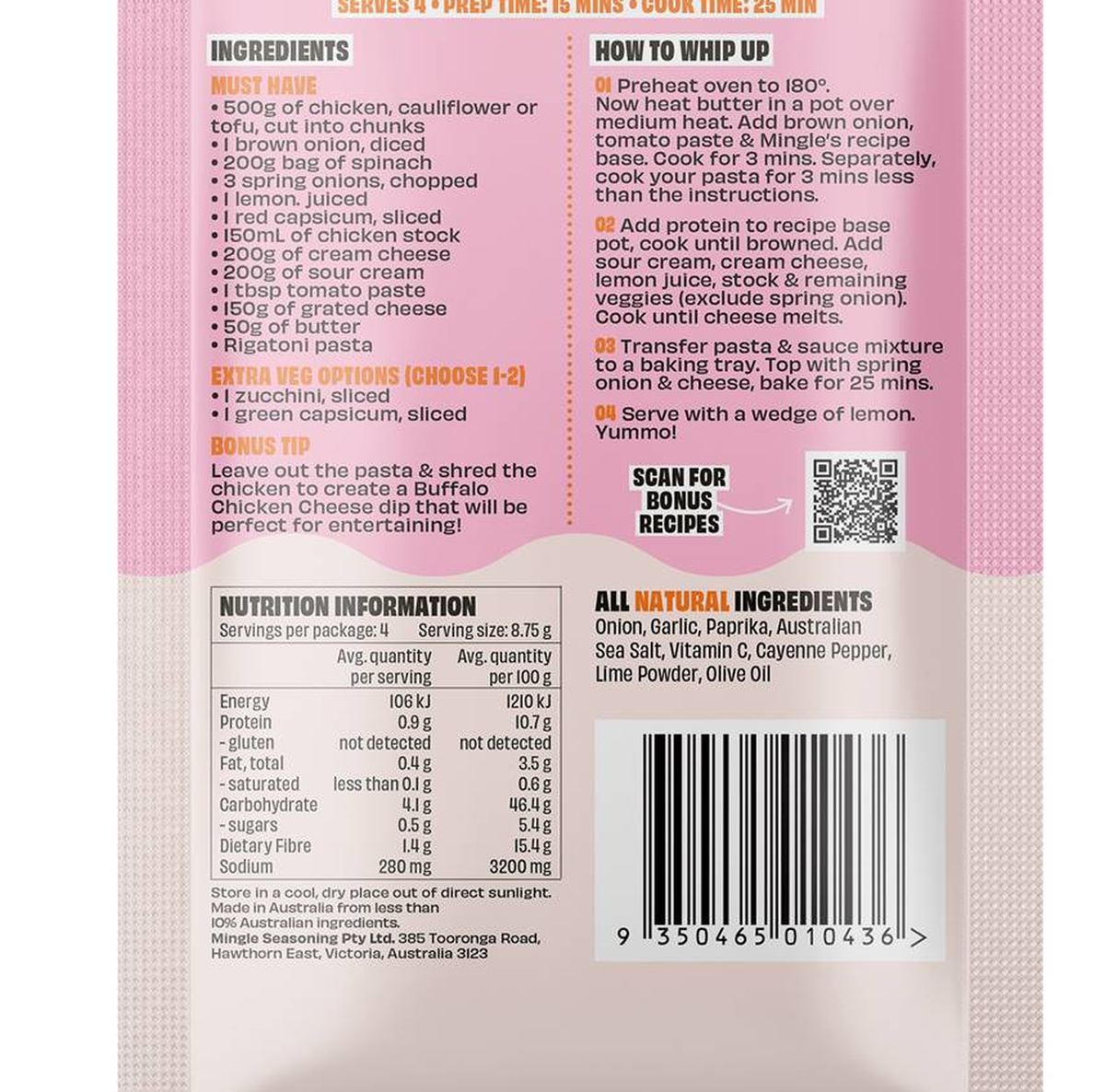 Pack photograph of Mingle Creamy Buffalo Chicken Bake Recipe Base 35g showing the printed nutrition panel