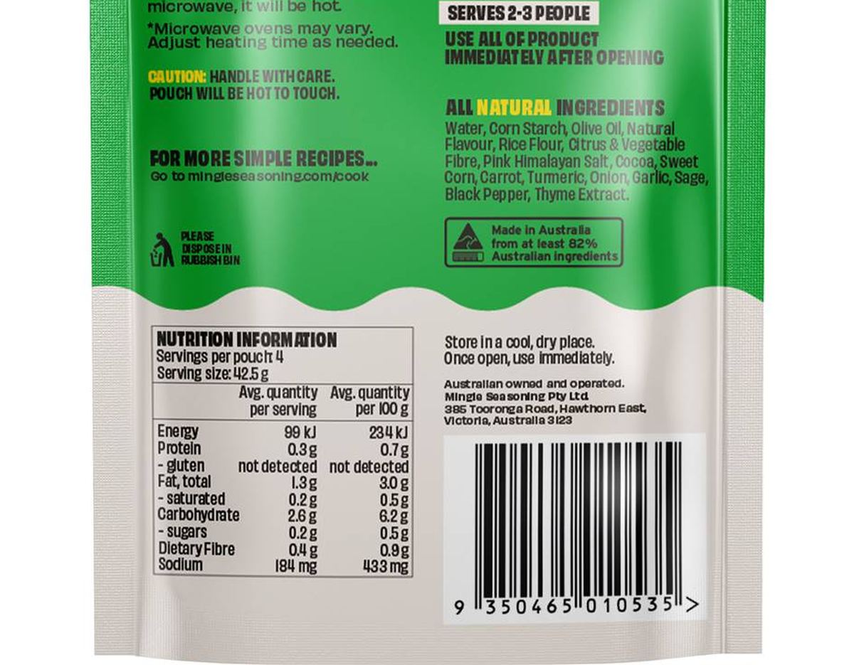 Pack photograph of Mingle Chicken Gravy 170g showing the printed nutrition panel