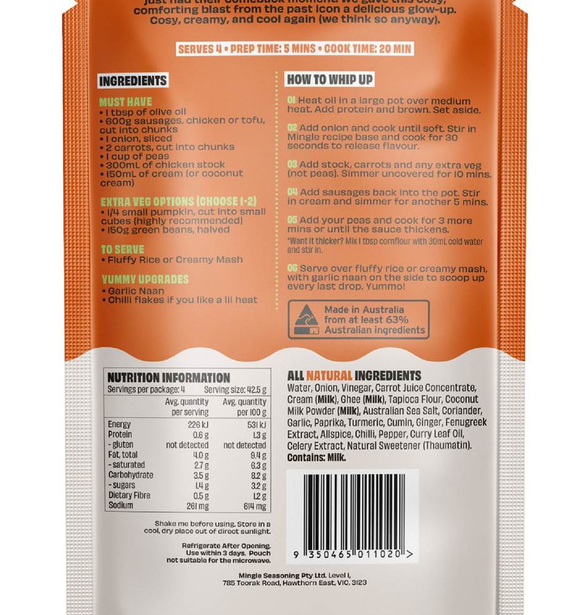 Pack photograph of Mingle Recipe Base Curried Sausages 170g showing the printed nutrition panel