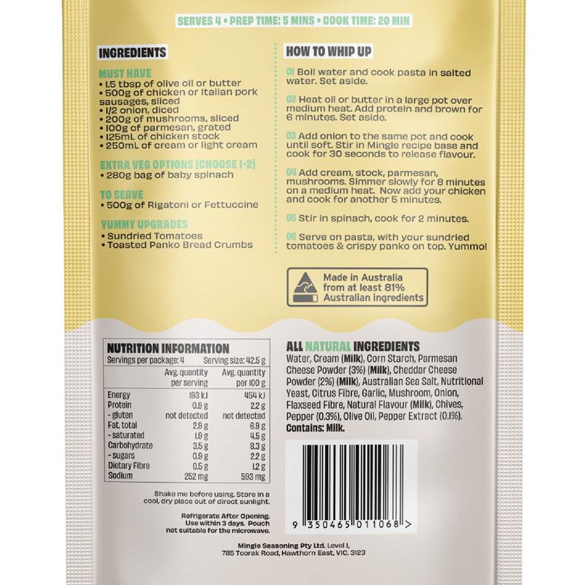 Pack photograph of Mingle Recipe Base Chicken Alfredo 170g showing the printed nutrition panel