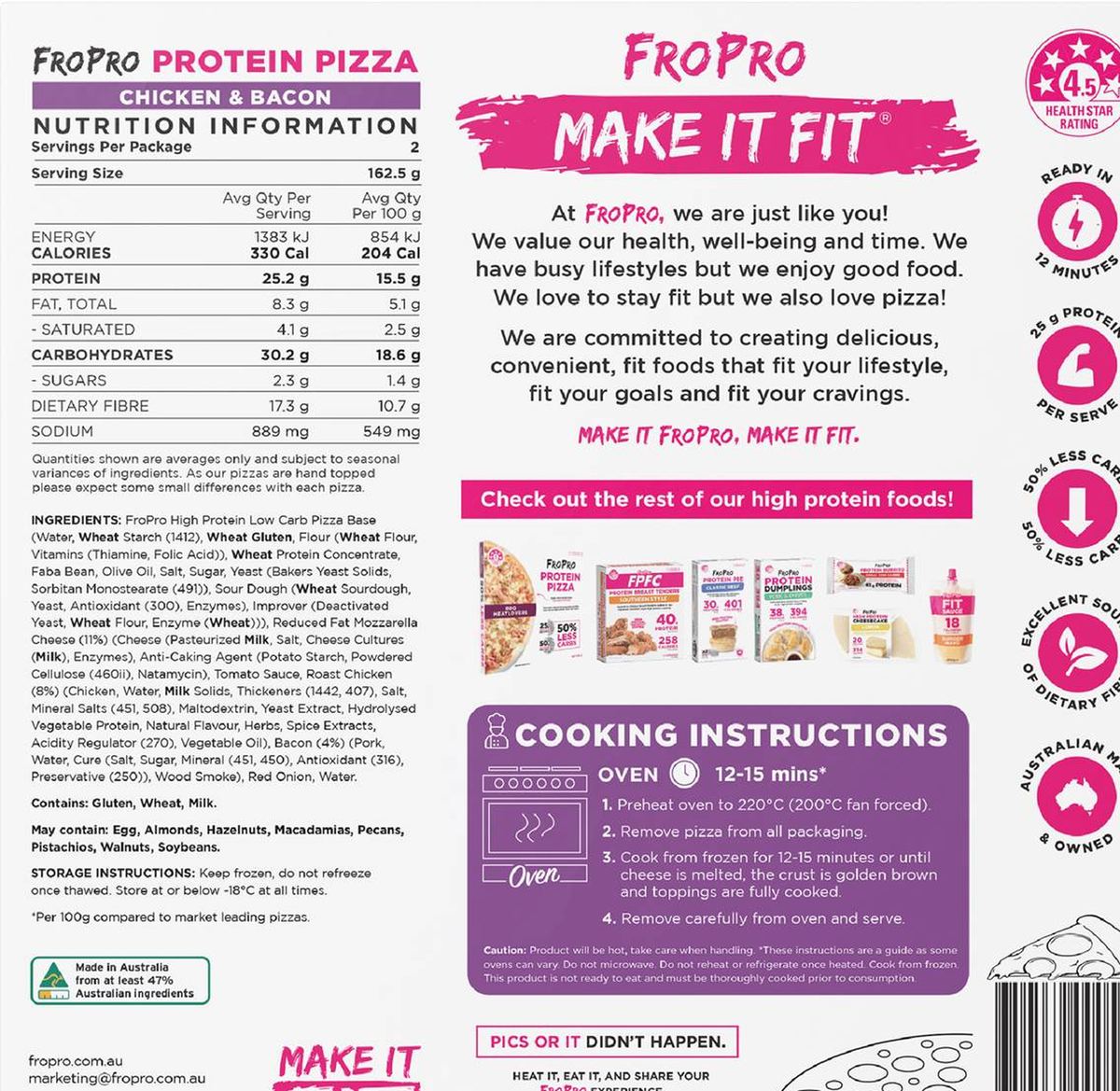 Pack photograph of FroPro Protein Pizza Chicken & Bacon 325g showing the printed nutrition panel
