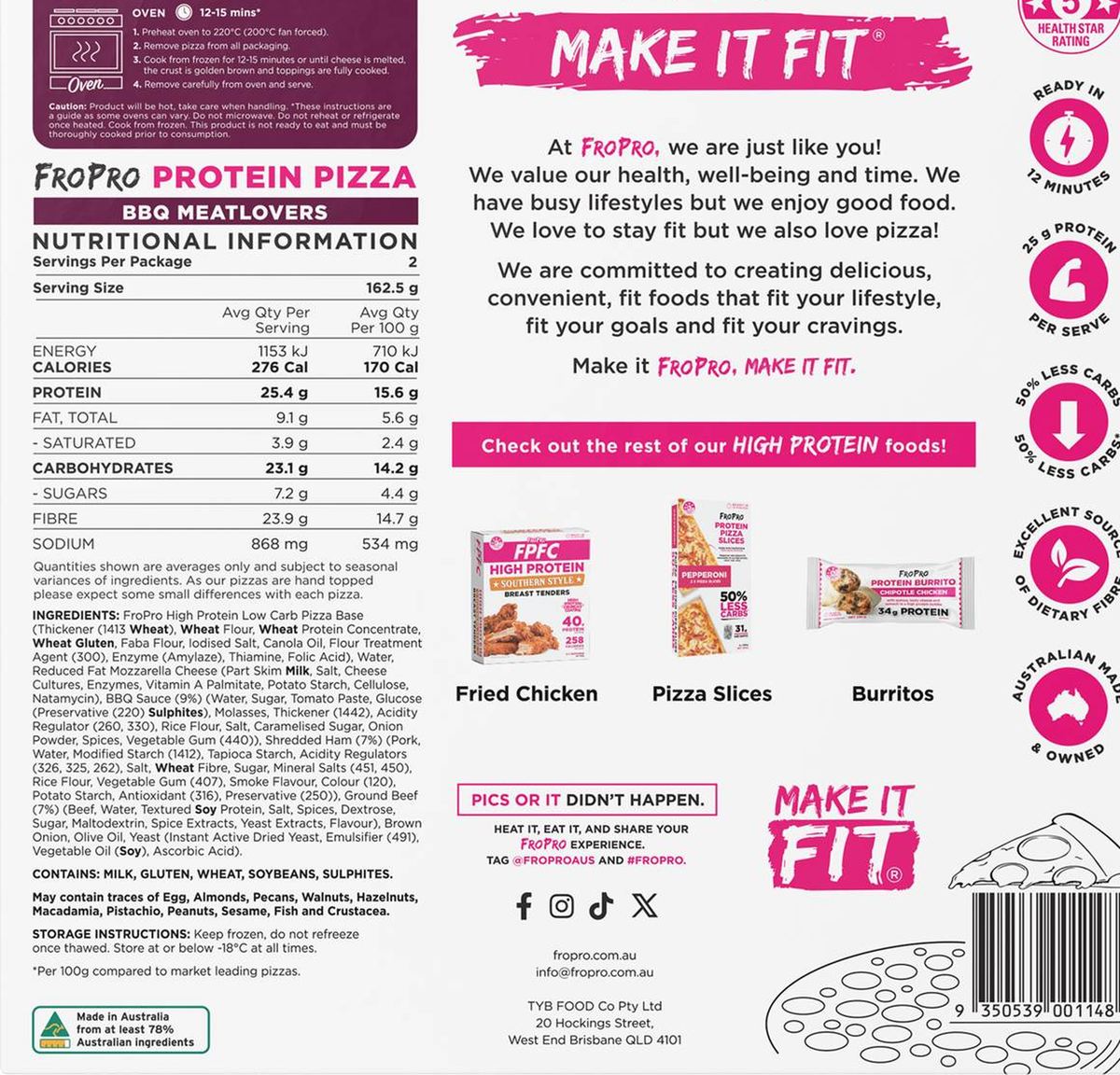 Pack photograph of FroPro Protein Pizza BBQ Meatlovers 325g showing the printed nutrition panel