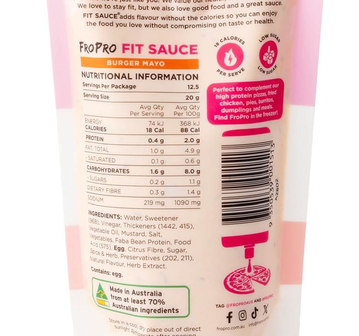 Pack photograph of FroPro Fit Sauce Burger Mayo 250g showing the printed nutrition panel