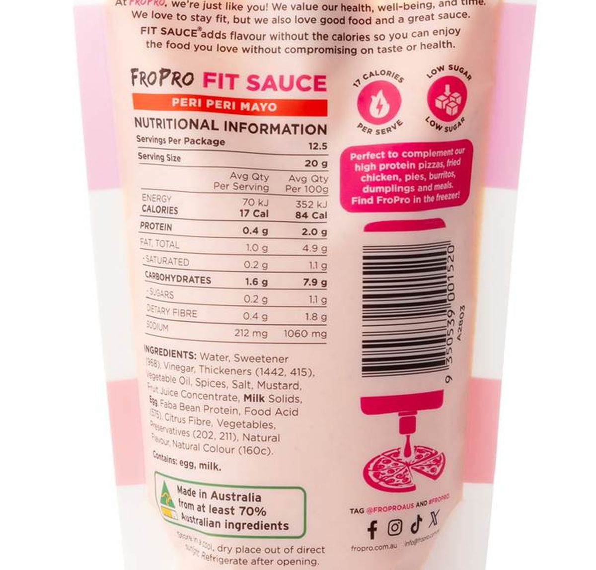 Pack photograph of FroPro Fit Sauce Peri Peri Mayo 250g showing the printed nutrition panel