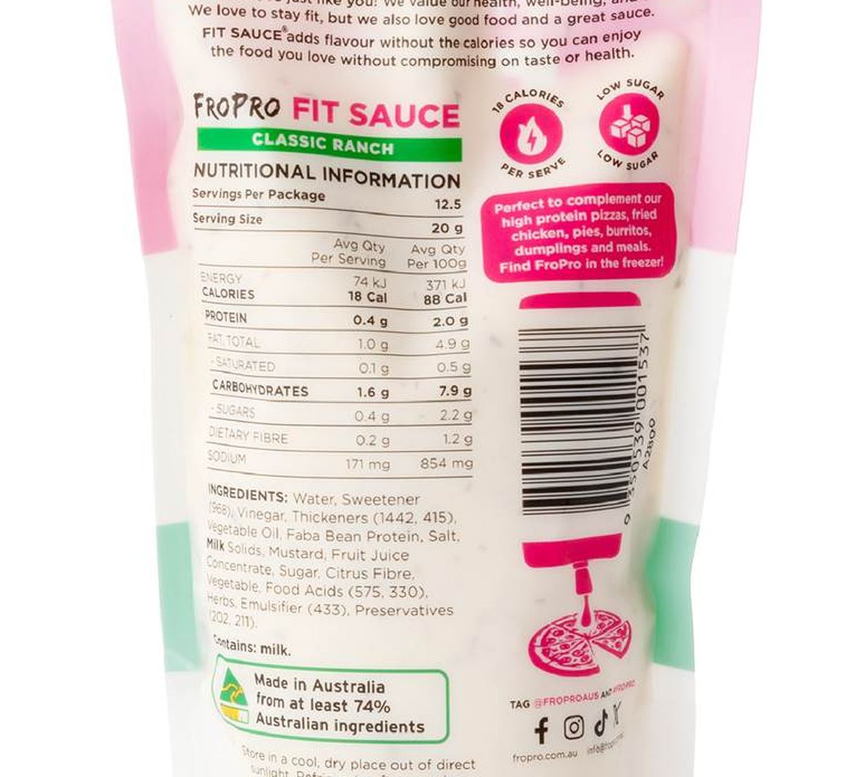 Pack photograph of FroPro Fit Sauce Classic Ranch 250g showing the printed nutrition panel