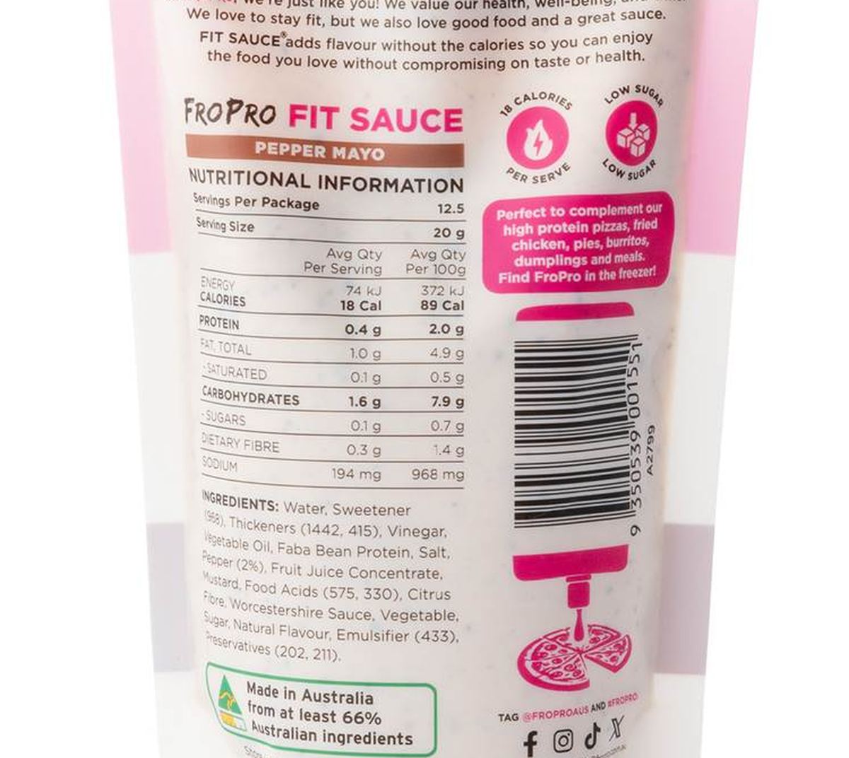 Pack photograph of FroPro Fit Sauce Pepper Mayo 250g showing the printed nutrition panel