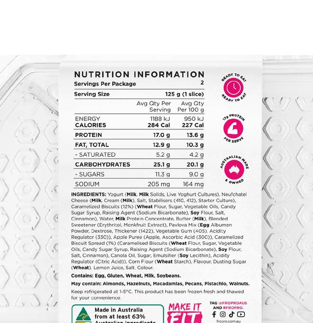 Pack photograph of FroPro High Protein Cheesecake Caramalised Biscuit 250g showing the printed nutrition panel