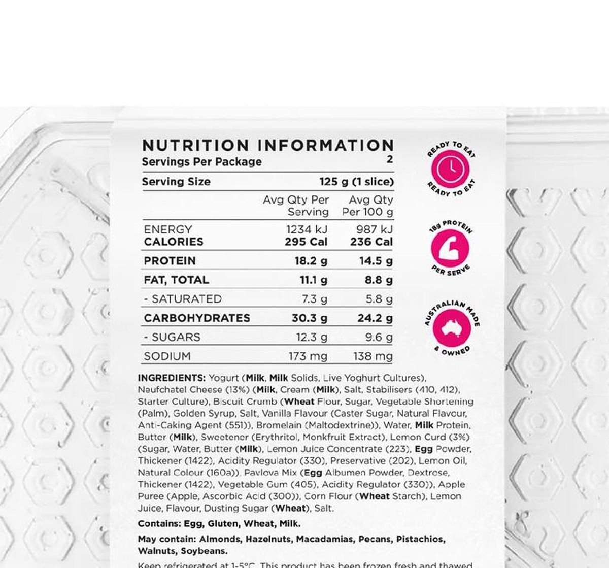 Pack photograph of FroPro Protein Cheesecake Lemon 2 pack showing the printed nutrition panel