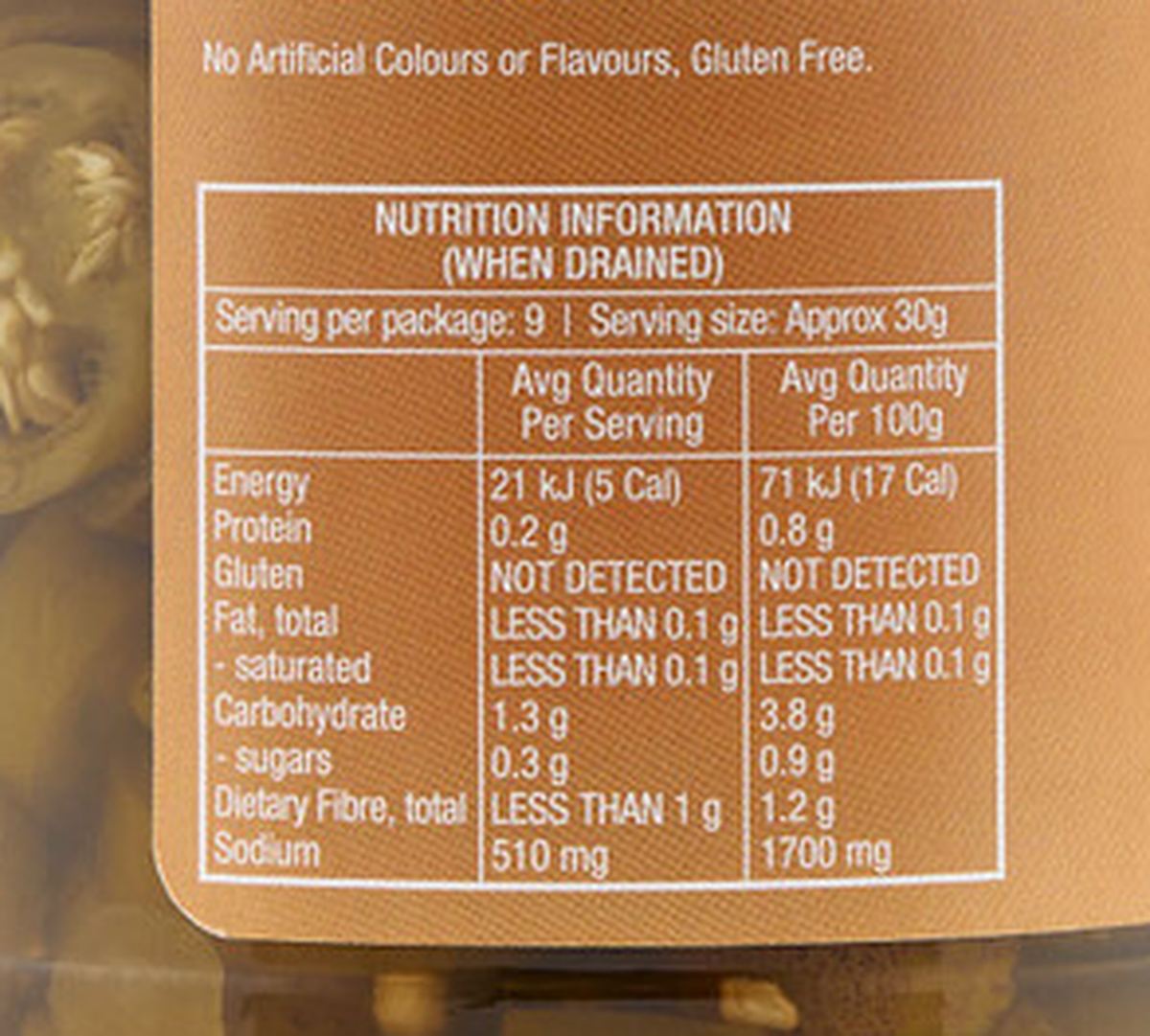 Pack photograph of Wicked Sliced Pickled Jalapenos showing the printed nutrition panel