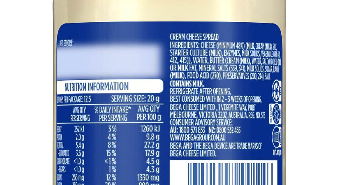 Pack photograph of Bega Cream Cheese Spread Spread 250g showing the printed nutrition panel