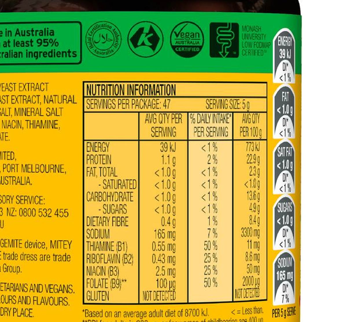 Pack photograph of Vegemite Gluten Free Spread 235g showing the printed nutrition panel