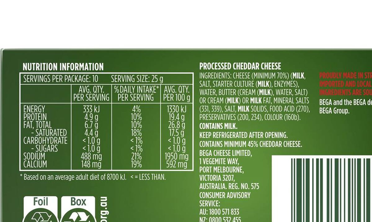 Pack photograph of Bega Cheddar Cheese 250g showing the printed nutrition panel