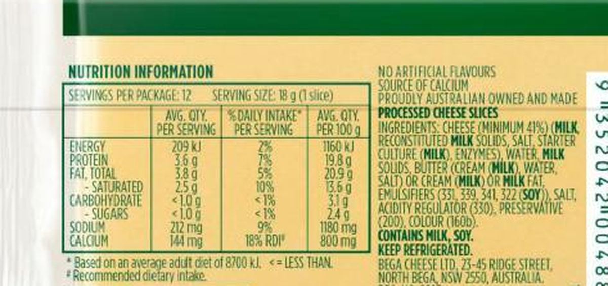 Pack photograph of Bega Cheese Slices Regular showing the printed nutrition panel