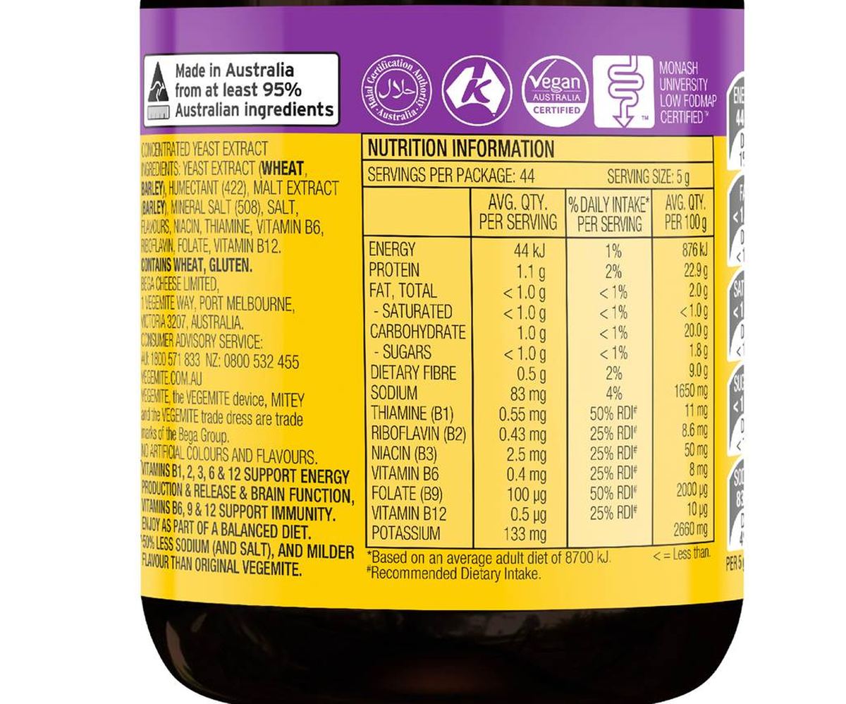 Pack photograph of Vegemite Kids Spread 220g showing the printed nutrition panel