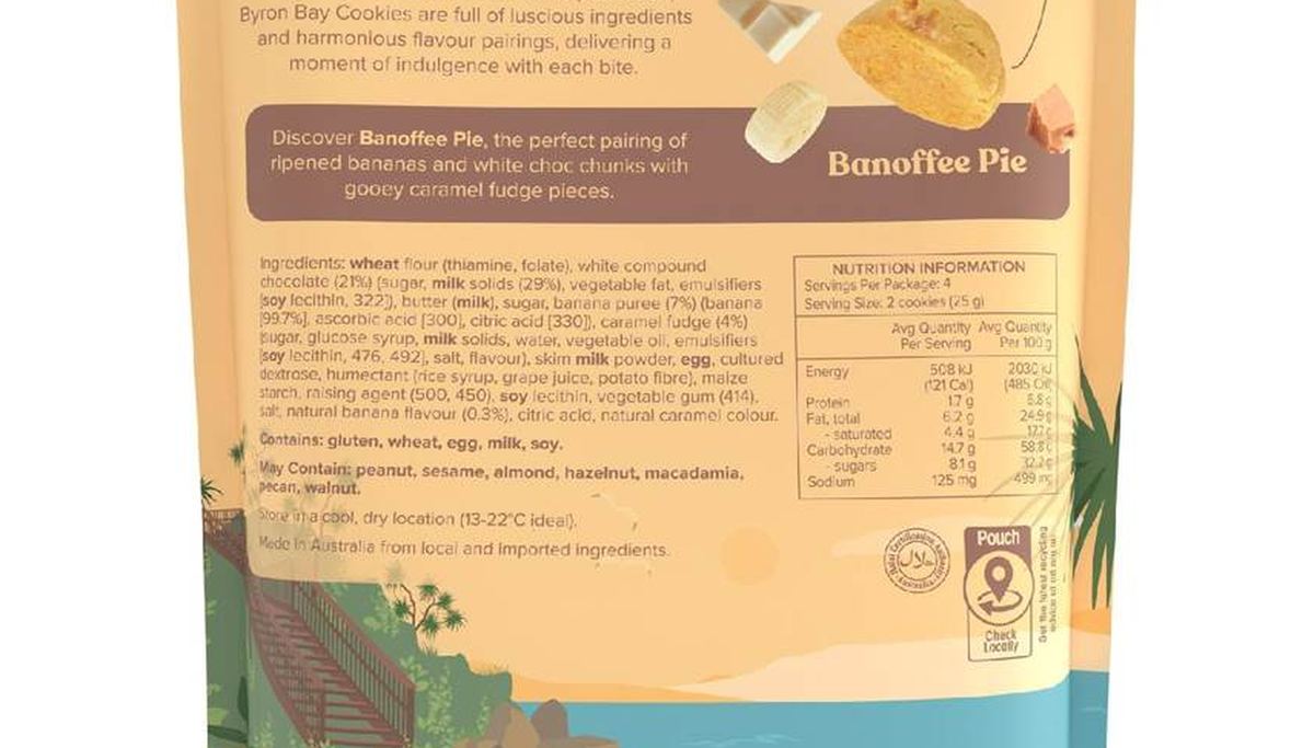 Pack photograph of Byron Bay Cookies Banoffee Pie Cookie Bites 100g showing the printed nutrition panel